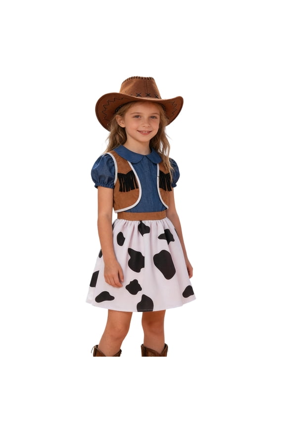 Girls Cowboy Play Pretend Show Party Outfit with Vest and Skirt Cowboy Print Short Sleeve Peter Pan Collar Knee Length Blue 9 Years-10 Years