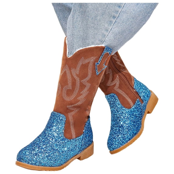 Girls Cowgirl Boots Glitter Mid Calf Toddler Cowboy Booties Kids Pointed Toe Wide Calf Slip on Western Riding Shoes