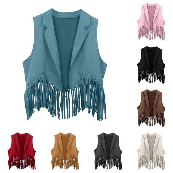Girls Cowgirl Western Sleeveless Open Front Fringe Vest Retro Tassels Jacket Cardigan