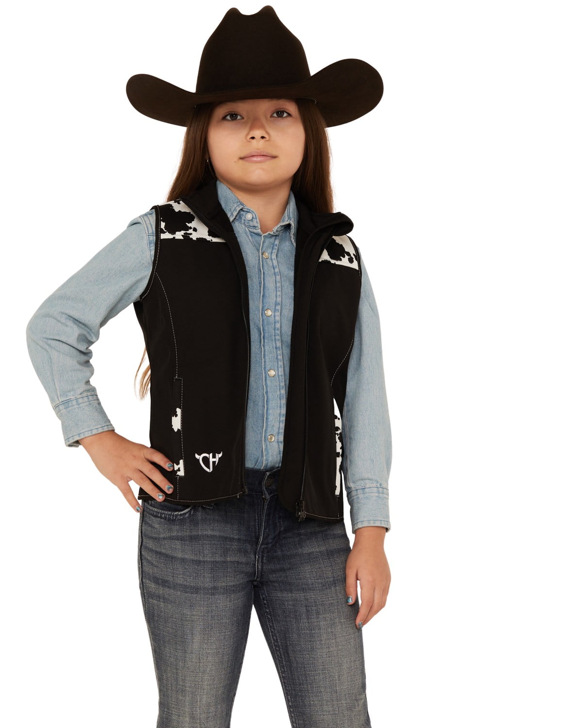 Girls' Cowgirl Hardware Cow Print Yoke Poly Shell Vest - 487279-010 ...