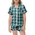 thumbnail image 1 of Girls Cozy Pajamas Toddler Plaid Silk Pajamas Girls stain Short Sleeve Spring Festival Easter Casual Summer Loungewear Set Trendy Fashion Loungewear Set With Pockets #Dark Green 8-9 Years, 1 of 4