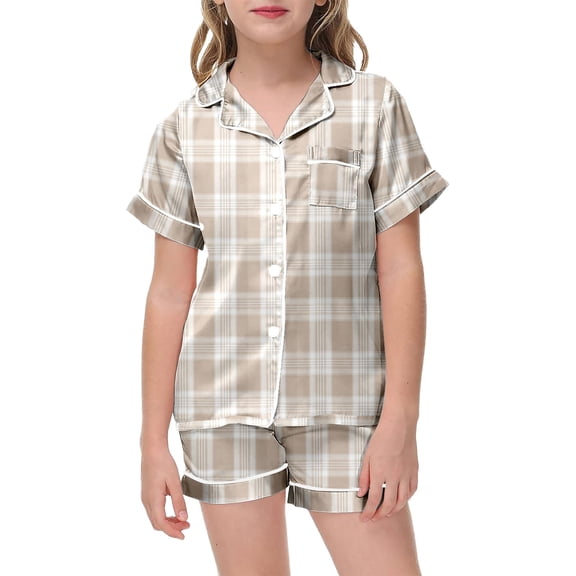 Girls Cozy Pajamas Toddler Plaid Silk and Stain Pajamas Short Sleeve Easter Pascha Casual Sleepwear Clothes Set Trendy Fashion Loungewear SetWith Pockets #Khaki 10-11 Years