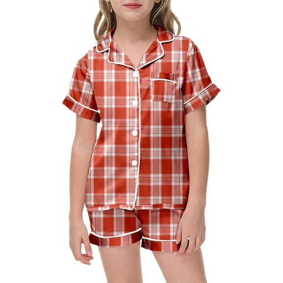 Girls Cozy Pajamas Toddler Silk Pajamas Girls stain Short Sleeve Easter Resurrection Sunday Tops and Bottom SummerSet Plaid Fashion Loungewear SetWith Pockets #Watermelon Red 12-13 Years