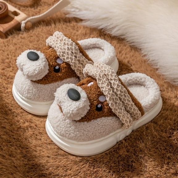 Girls Cozy Slippers Indoor Winter Warm Soft Booties Cute Dog Girls Slippers for Home Comfort,Z03 Brown,3.5-4 Years