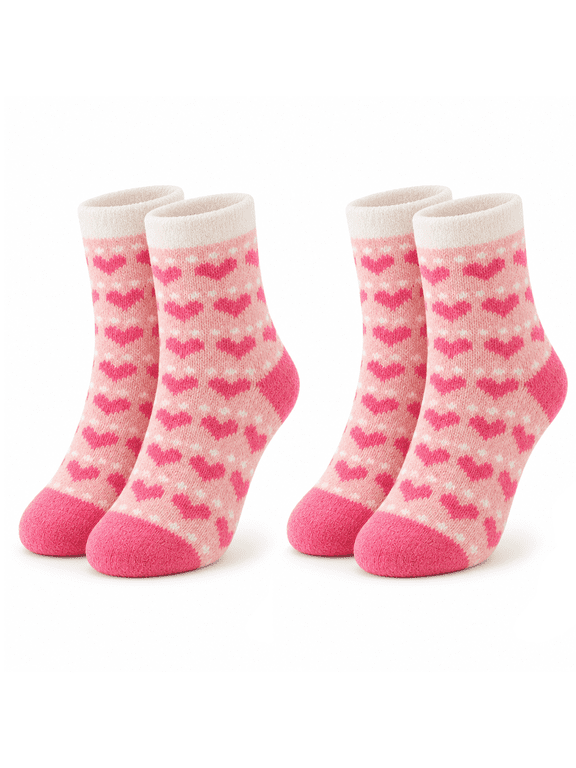 Cozy Girls Socks, Whisper Soft Yarn Lining Crew Socks for Girls, Lt Pink, M/L, 2 Pack