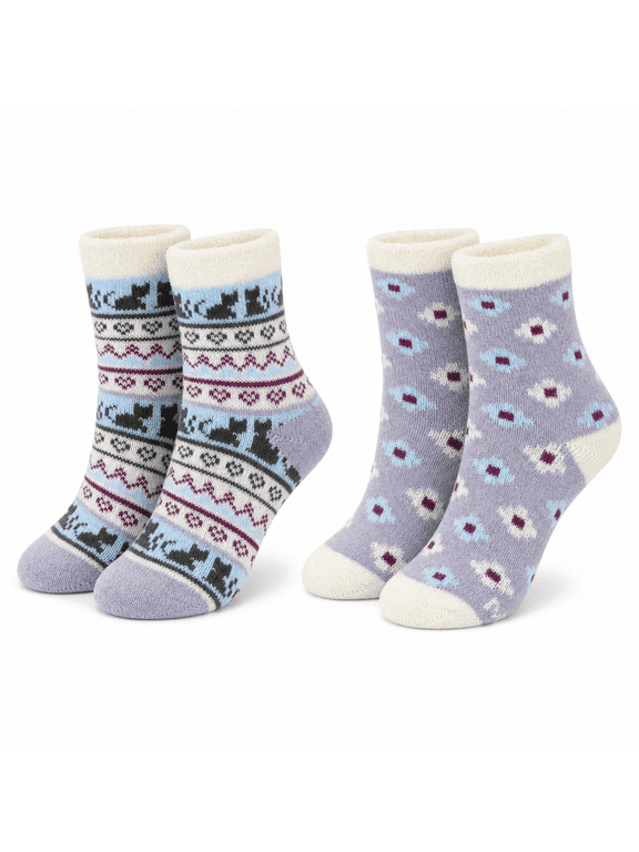 Cozy Girls Socks, Whisper Soft Yarn Lining Crew Socks for Girls, Purple, M/L, 2 Pack