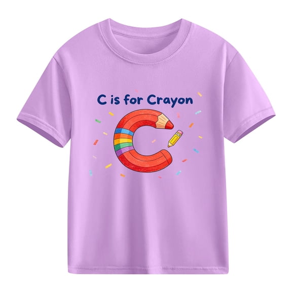 Girls Crayon Graphic T-Shirt | Educational Alphabet Letter C Kids Top | Soft Cotton Shirt for Girls | Sizes 4-10 Purple,Size 9 T