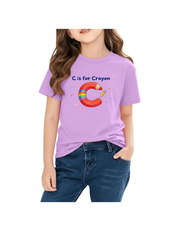 Girls' Crayon Graphic Tee | Educational Alphabet Kids Kids T-Shirt | Soft Cotton Short Sleeve Top for Back to School | Lavender,Size 3 T