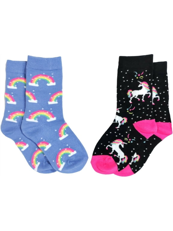 Girls Crazy Socks Unicorn Rainbow Stars all Over Novelty Crew Socks Size 6-8