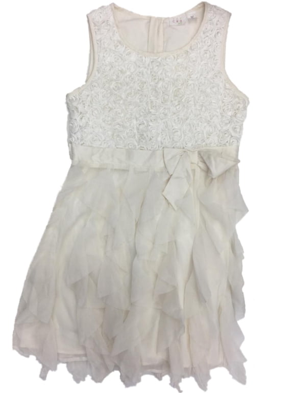 Girls Cream White Tulle Rose & Ruffle Formal Party Flower Girl Easter Dress