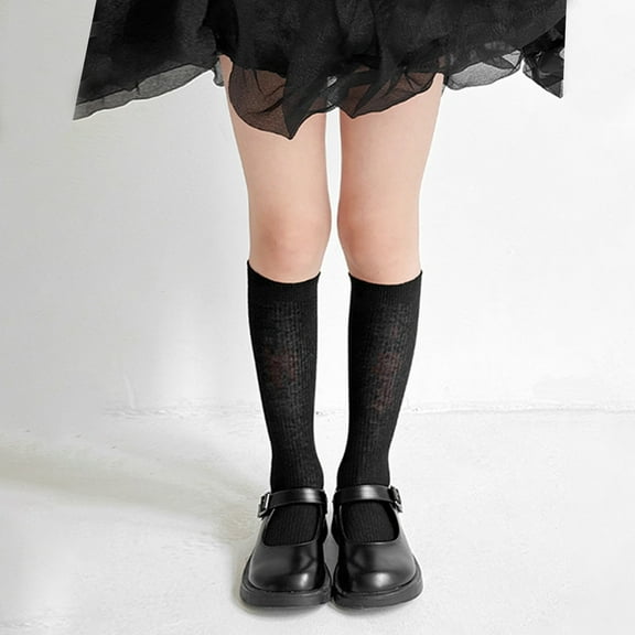 Girls Crew Cotton Socks Calf Striped Soft Casual Socks (Black 5-8 Years)