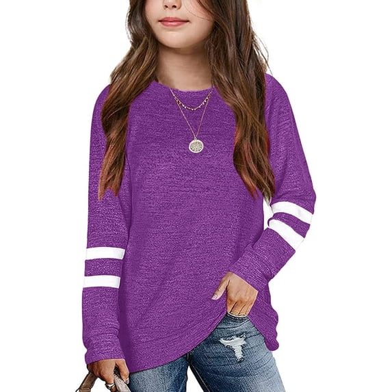 Girls Crew Neck Long Sleeve Tops, Striped Casual Soft Everyday Basic Shirts for Fall Daily Outfits