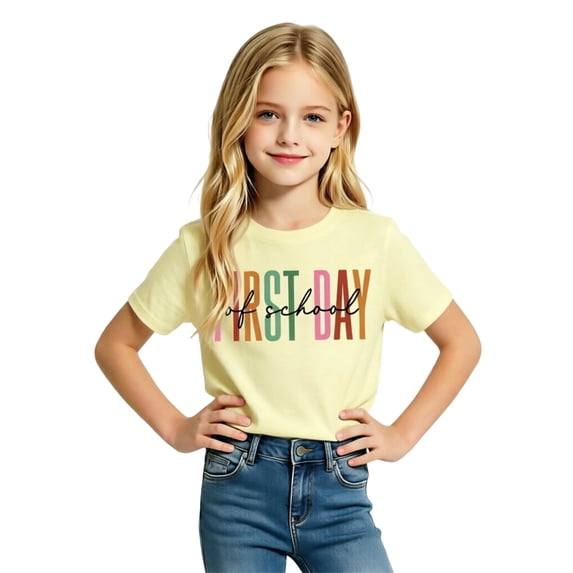 Girls Crew Neck Printed Short Sleeve T-shirt for Back to School,Comfortable Casual Kids Tops,Matches Pants and Skirts