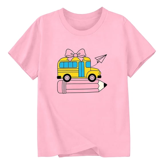 Girls Crew Neck Printed Short Sleeve T-shirt for Back to School,Comfortable Casual Kids Tops,Matches Pants and Skirts