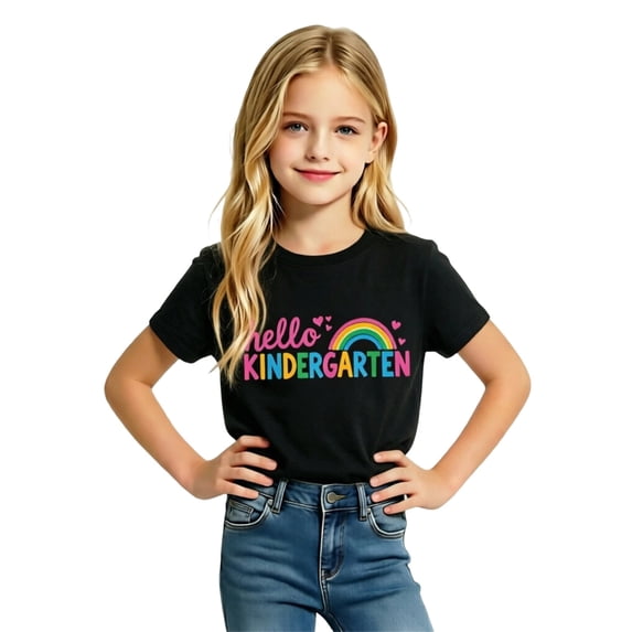 Girls Crew Neck Printed Short Sleeve T-shirt for Back to School,Comfortable Casual Kids Tops,Matches Pants and Skirts