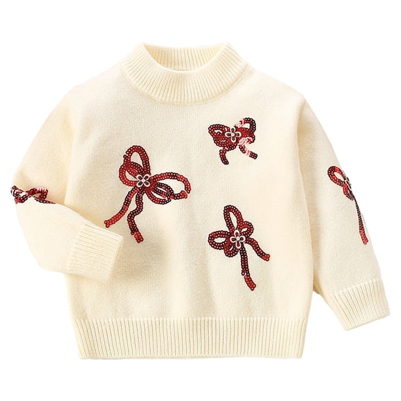 Girls Crew Neck Sweater Long Sleeve Glitter Bow Knitted Pullover Tops Casual Loose Comfy Stylish Clothes (2 Years, Beige)