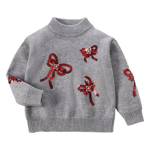 Girls Crew Neck Sweater Long Sleeve Glitter Bow Knitted Pullover Tops Casual Loose Comfy Stylish Clothes (7 Years, Gray)