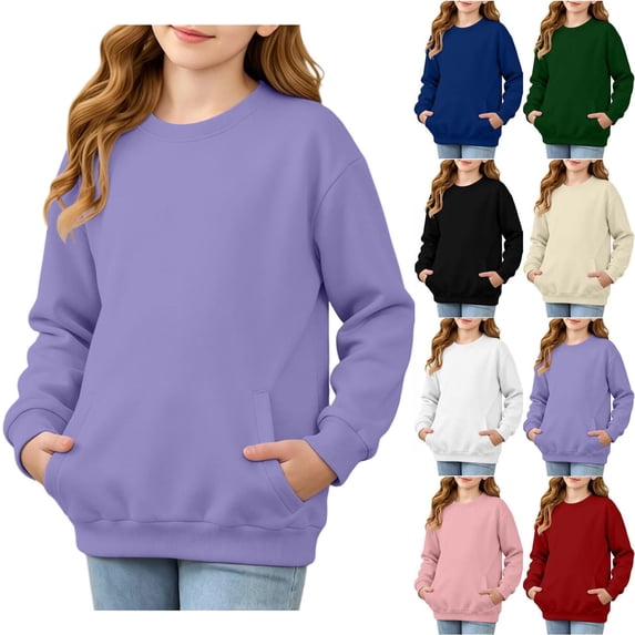 Girls Crew Neck Sweatshirt No Hood - Kids Fall Casual Solid Print Long Sleeve Pullover Tops with Pockets, 13 Years