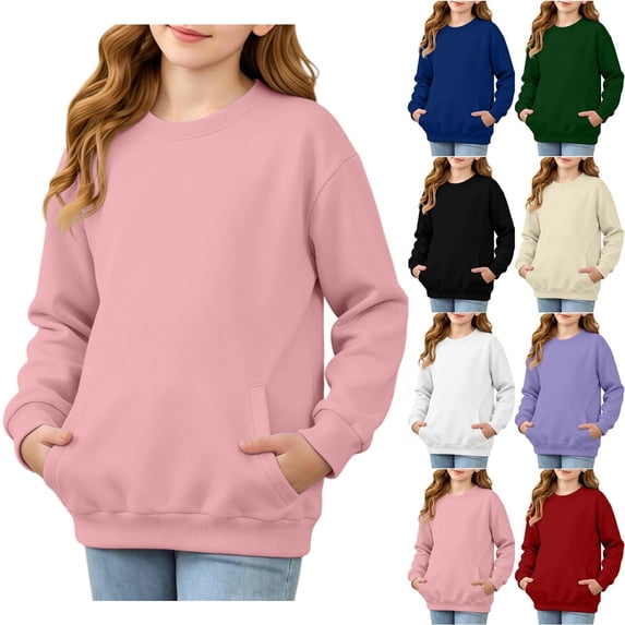 Girls Crew Neck Sweatshirt No Hood - Kids Fall Casual Solid Print Long Sleeve Pullover Tops with Pockets, 5 Years