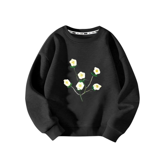 Girls Crew Neck Sweatshirts Long Sleeve Cute Floral Print Pullover Tops Casual Loose Spring Fall Trendy Outfits (10T-11T, Black)