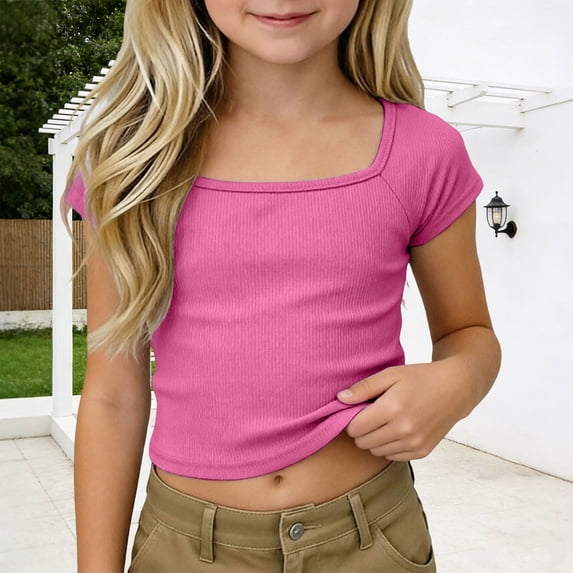 Girls Crew Neck T-Shirt Slim Fit Classic Stylish Tee Lightweight Comfortable Soft Top Kids Daily Wear Hot Pink Size 5-6 Years