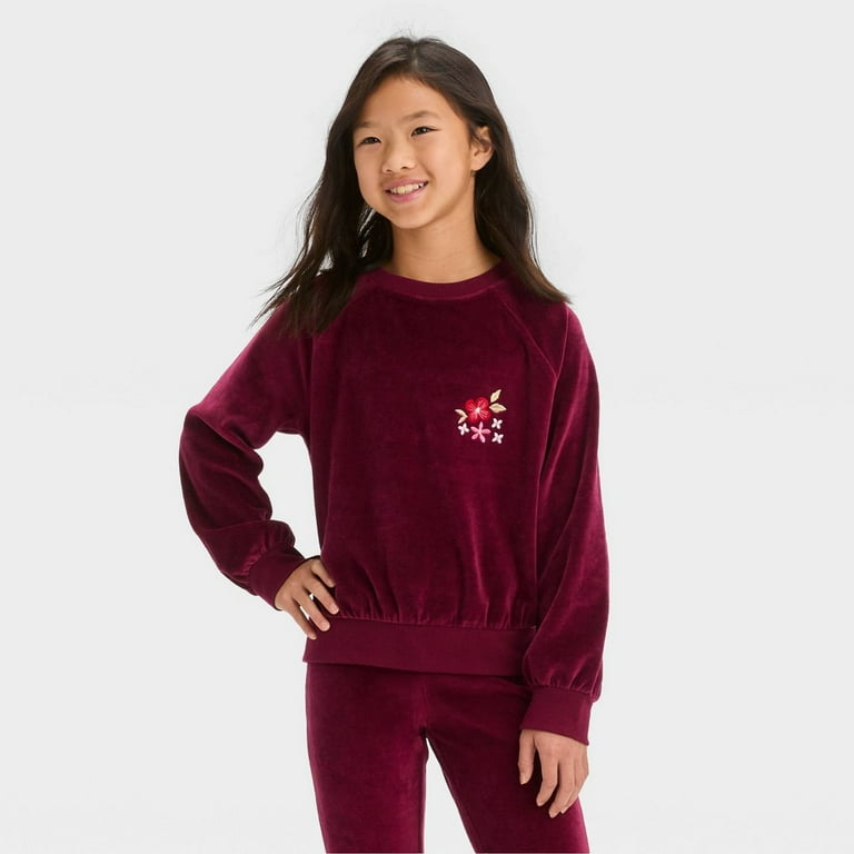 Girls Crew Neck Velour Pullover Sweatshirt Cat Jack Burgundy S
