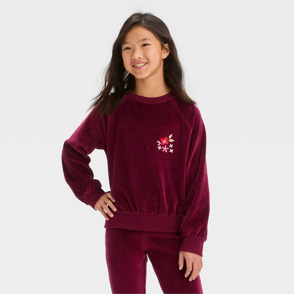 Girls Crew Neck Velour Pullover Sweatshirt Cat Jack Burgundy XS