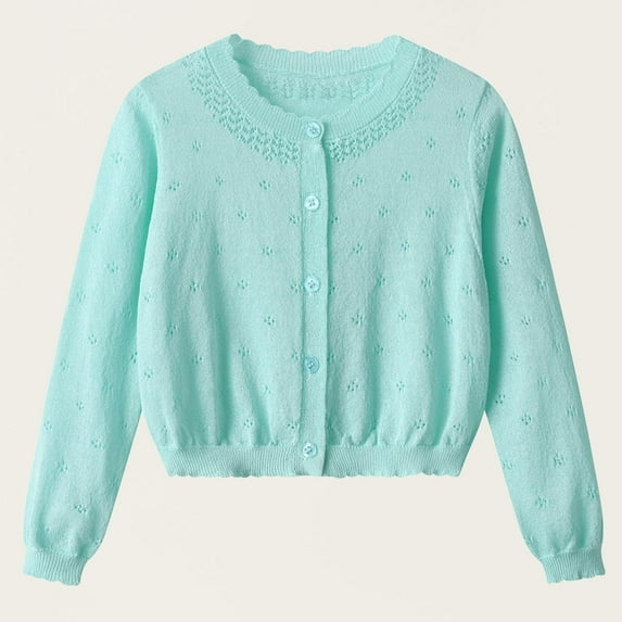 Girls Crewneck Cardigan Lightweight Button-up Cotton Knit Sweater with Buttons School Uniform for Girl Light Blue 4-5 Years