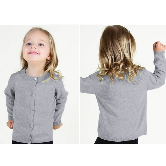 Girls Crewneck Cardigan Long Sleeve Solid Color Toddler Children Button up Cotton Uniform Sweaters Coat Tops Gray 0-1Y