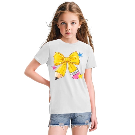 Girls Crewneck Short Sleeve Printed T Shirt Casual Back to School Pullover Knit Top with Graphic Bow Pencil Pattern