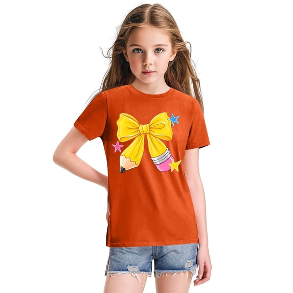 Girls Crewneck Short Sleeve Printed T Shirt Casual Back to School Pullover Knit Top with Graphic Bow Pencil Pattern