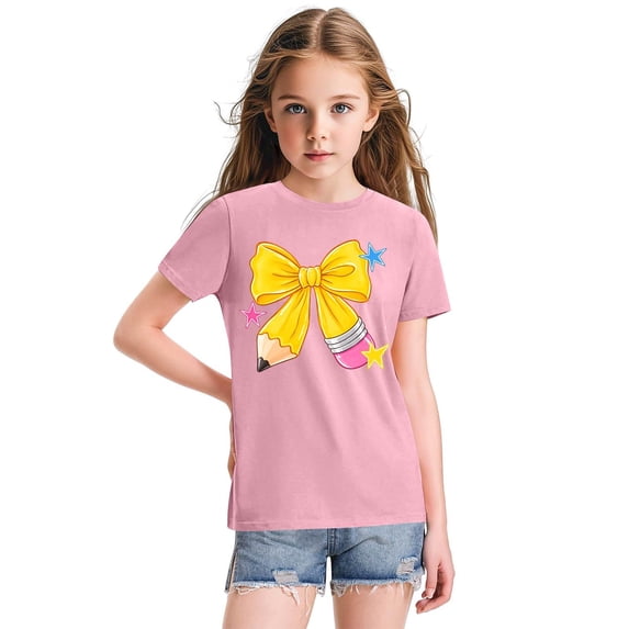 Girls Crewneck Short Sleeve Printed T Shirt Casual Back to School Pullover Knit Top with Graphic Bow Pencil Pattern
