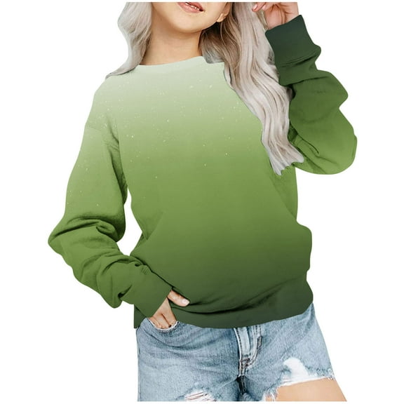 Girls Crewneck Sweatshirt Gradient Long Sleeve Oversized Sweat Shirt Drop Shoulder Loose Spring Casual Tops Tween Girl, Army Green, 11 Years