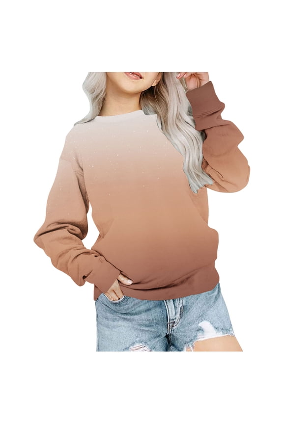 Girls Crewneck Sweatshirt Gradient Long Sleeve Oversized Sweat Shirt Drop Shoulder Loose Spring Casual Tops Tween Girl, Brown, 11 Years