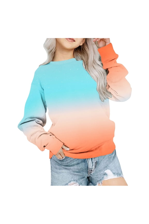Girls Crewneck Sweatshirt Gradient Long Sleeve Oversized Sweat Shirt Drop Shoulder Loose Spring Casual Tops Tween Girl, Orange, 9 Years