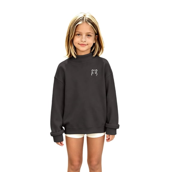 Girls Crewneck Sweatshirt Kids Long Sleeve Small Embroidered Detail Relaxed Fit Fall School Pullover Top