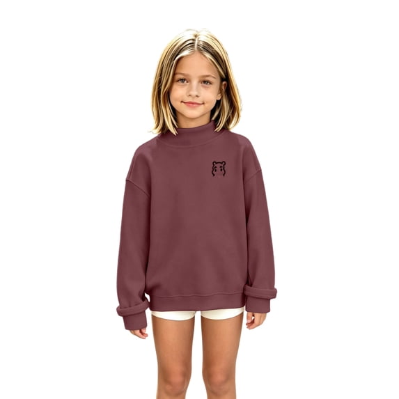 Girls Crewneck Sweatshirt Kids Long Sleeve Small Embroidered Detail Relaxed Fit Fall School Pullover Top