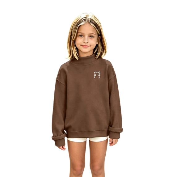 Girls Crewneck Sweatshirt Kids Long Sleeve Small Embroidered Detail Relaxed Fit Fall School Pullover Top