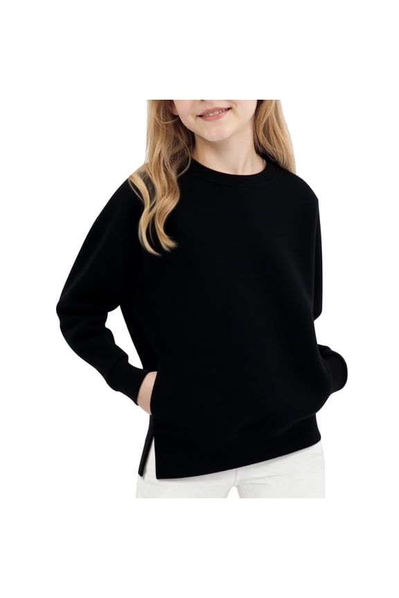 Girls Crewneck Sweatshirt Long Sleeve Pullover Tops Drop Shoulder Side Split Sweatshirts with Pocket Fall Outfits for 5-14 Years