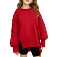 thumbnail image 1 of Girls Crewneck Sweatshirt Long Sleeve Pullover Tops Drop Shoulder Sweatshirts Side Split, Crewneck Kids Lightweight Cute Pullover Tops 5-14 Years, Red, 1 of 9