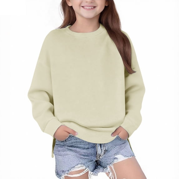 Girls Crewneck Sweatshirt Long Sleeve Pullover Tops Drop Shoulder Sweatshirts Side Split Workout Activewear Fall Sweatshirts for Girl Beige 11Y