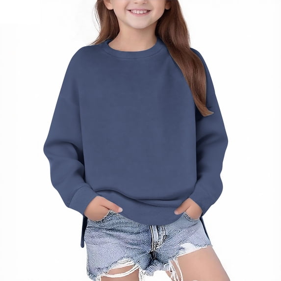 Girls Crewneck Sweatshirt Long Sleeve Pullover Tops Drop Shoulder Sweatshirts Side Split Workout Activewear Oversized Hooded Sweatshirt Navy 13Y