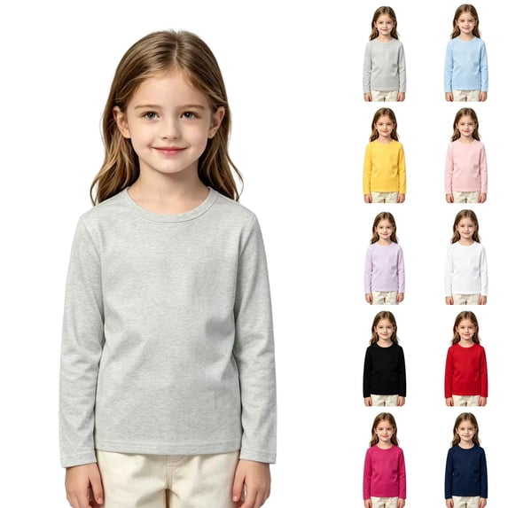 Girls Crewneck Tee Solid Long Sleeve Shirt Basic Casual Top Layering Kids T-Shirt 4-14 Years