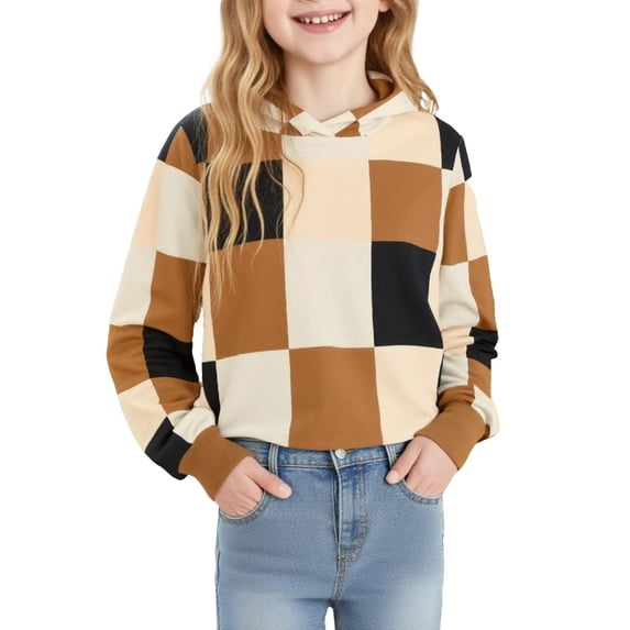 Girls Crop Color Block Hoodies Casual Loose Plaid Long Sleeve Pullover Top Kids Cute Fashion Fall Sweatshirts for 5-15 Years