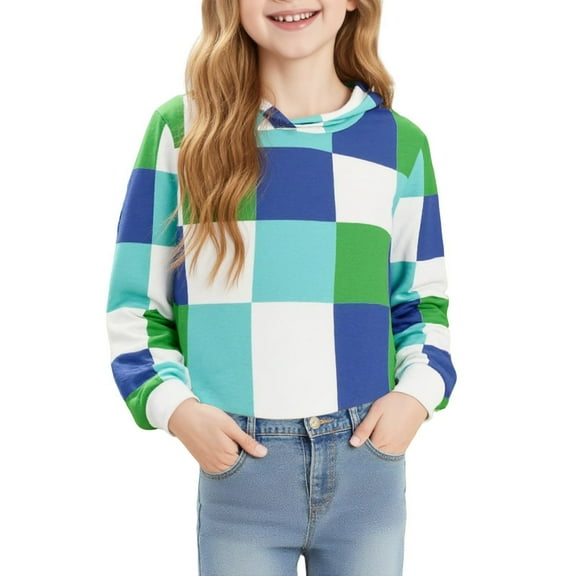 Girls Crop Color Block Hoodies Casual Loose Plaid Long Sleeve Pullover Top Kids Cute Fashion Fall Sweatshirts for 5-15 Years
