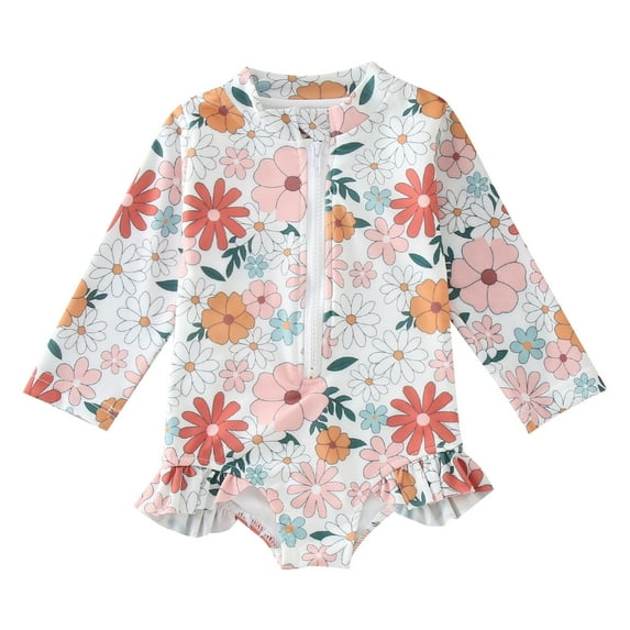 Girls Crop Long Sleeve Bathing Suit Girls Swimsuit Bathing Suits for Teenagers Swim Suit Swimwear Summer Floral Print Long Sleeve Swimsuit for Toddler Girls Beach Sun