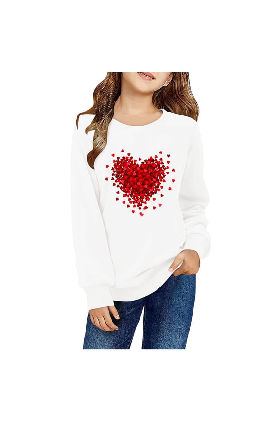 Girls Crop Sweatshirts Pullover Cute Heart Printed Long Sleeves Sweatshirts Casual Crew Neck Fall Winter Pullover Tops Clothes Casual Comfy Fleece Jumper School Warm Girl Coat