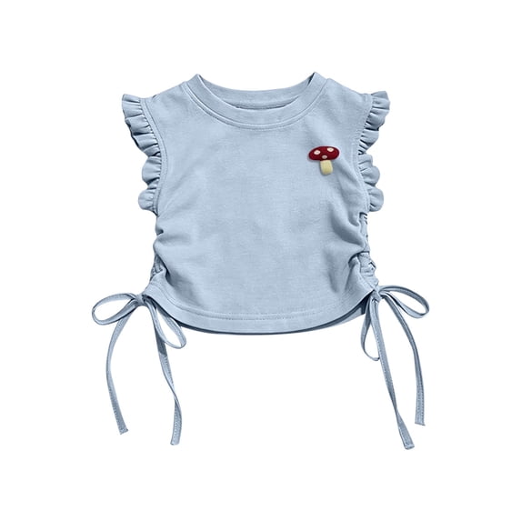 Girls Crop Top Ruffle Cap Sleeve Soft Cotton Side Tie Mushroom Applique Kids Kids Summer Blouse Blue,Size 4-5T
