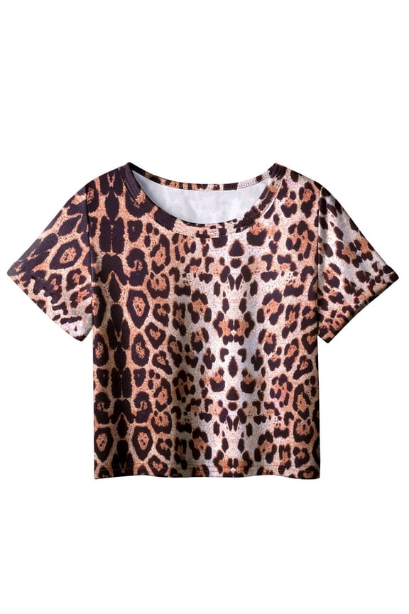 Girls Crop Top Shirt Cute Clothes Summer Short Sleeve Graphic Tees Leopard Fashion Outdoor Going Out Outfits, Brown, 4 Years