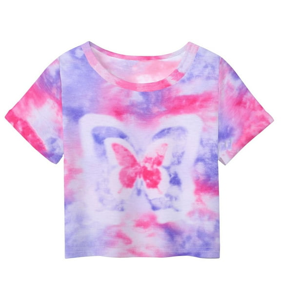 Girls Crop Top Shirt Summer Short Sleeve Tie Dye Graphic Tees Fashion Outdoor Going Out Outfits Cute Clothes, Hot Pink, 4 Years